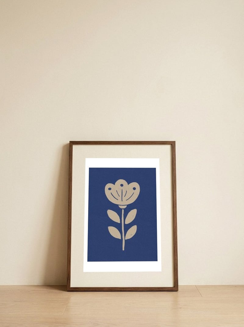 Scandinavian Blue Flower — framed, leaning against the wall