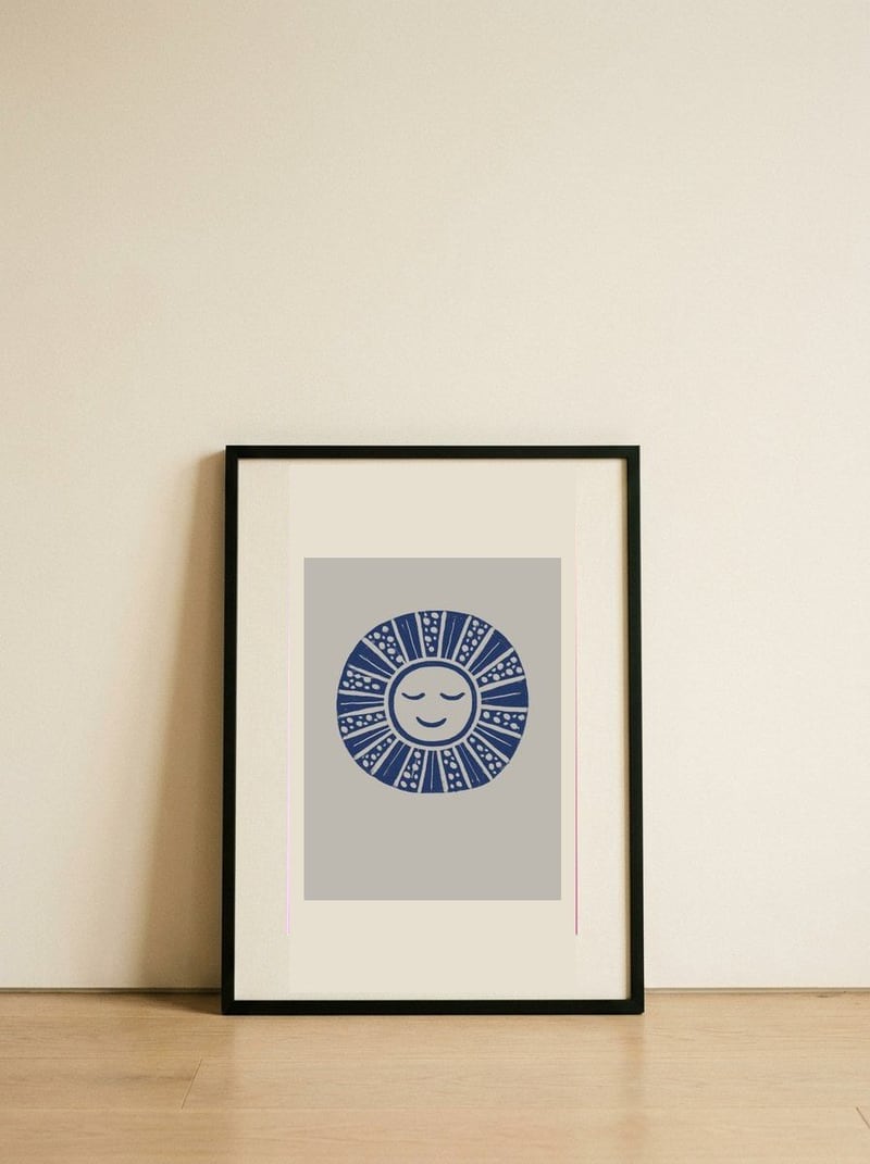 Happy Blue Sun — framed, leaning against the wall