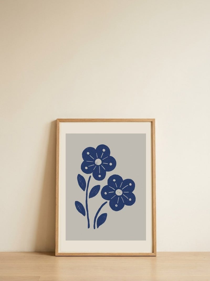 Blue Folk Flowers — framed, leaning against the wall