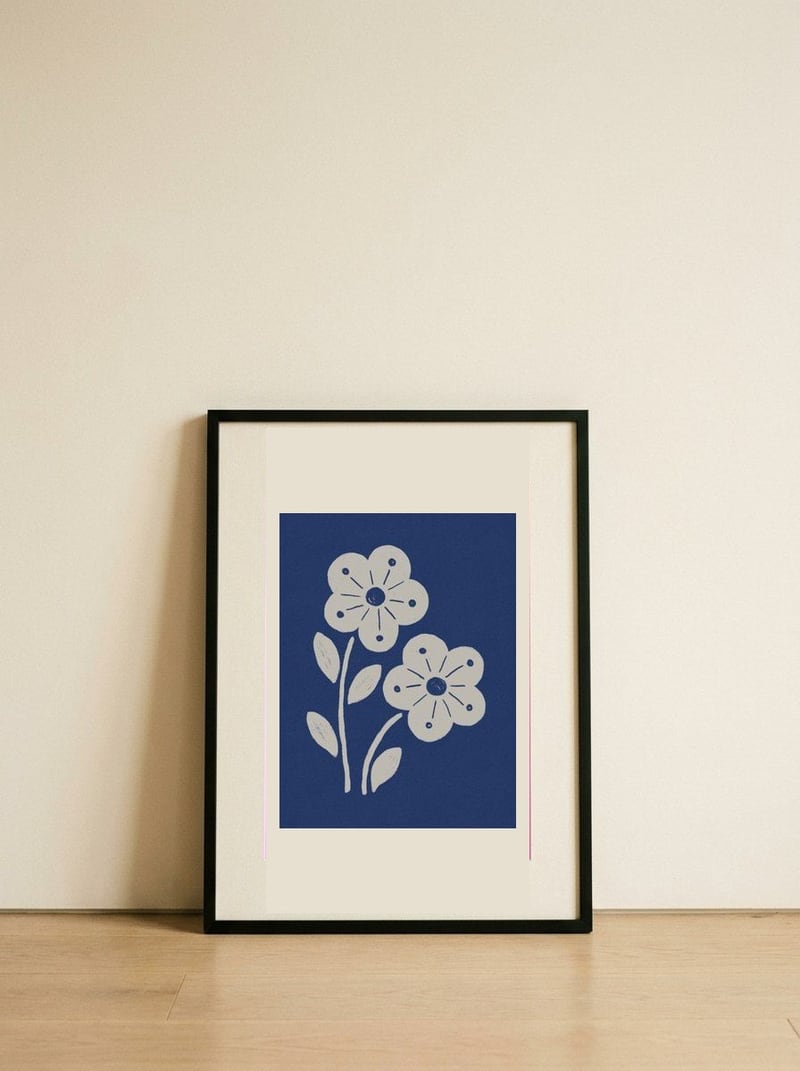 Indigo Folk Flowers — framed, leaning against the wall