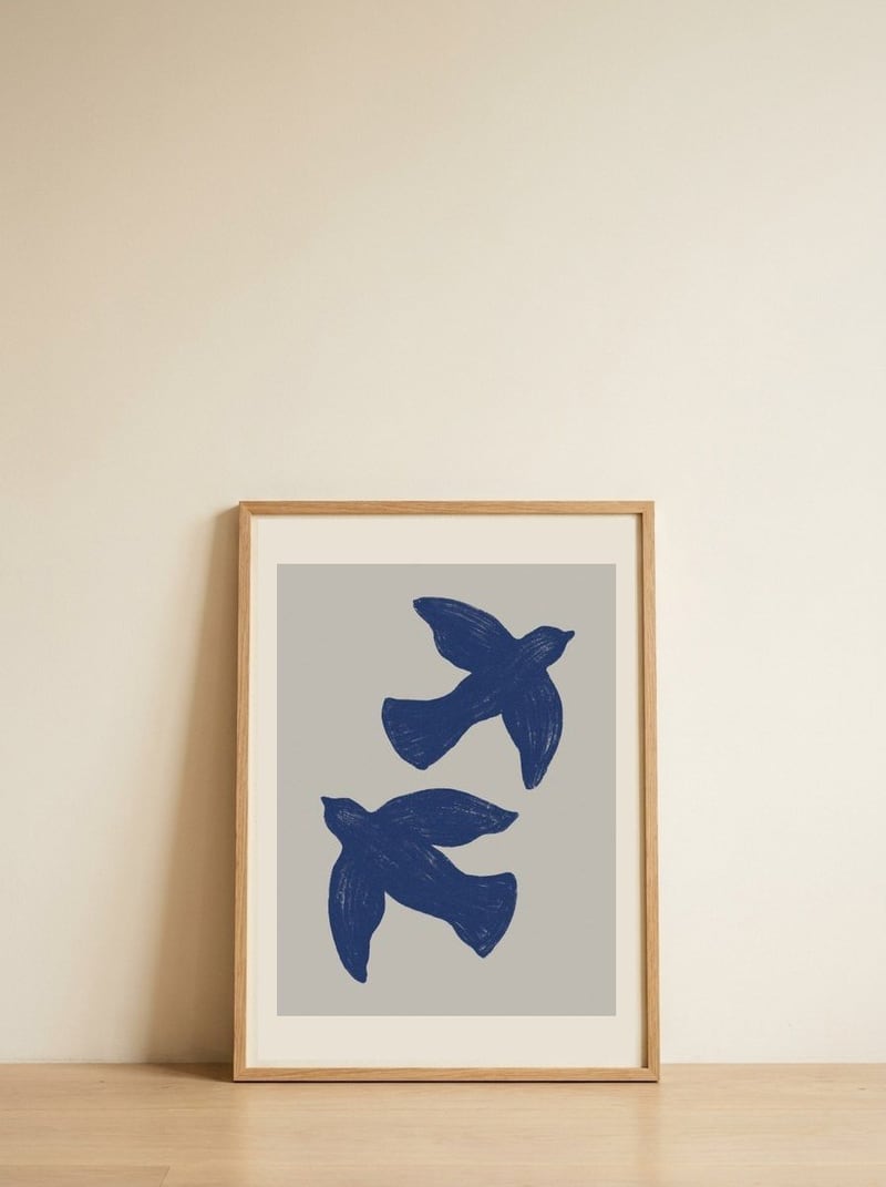 Blue Flying Birds — framed, leaning against the wall
