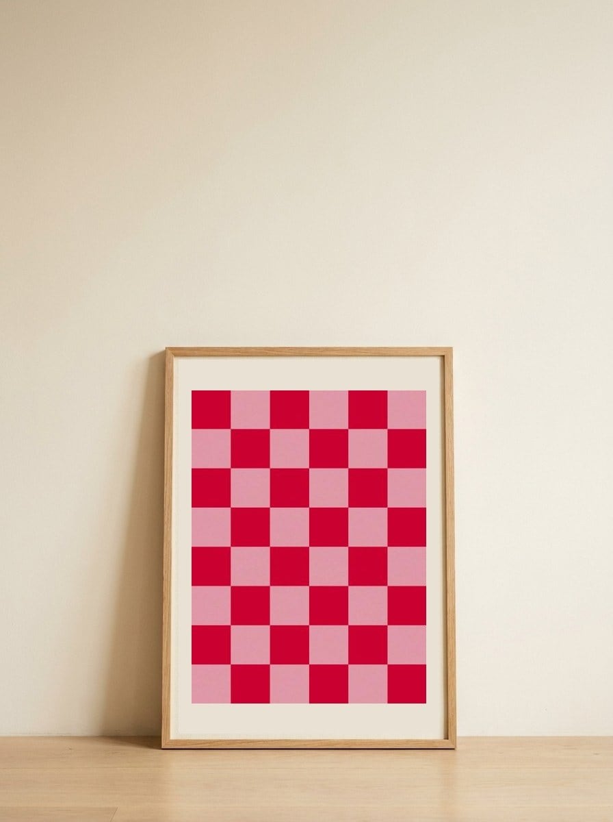 Vibrant Red Pink Checkers — framed, leaning against the wall