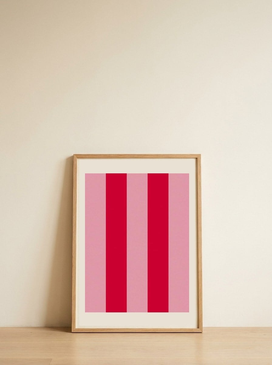 Vibrant Pink Red Stripes — framed, leaning against the wall