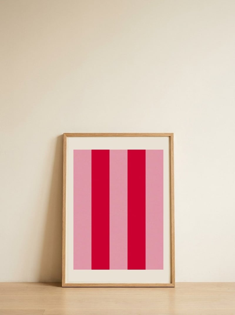 Vibrant Pink Red Stripes — framed, leaning against the wall