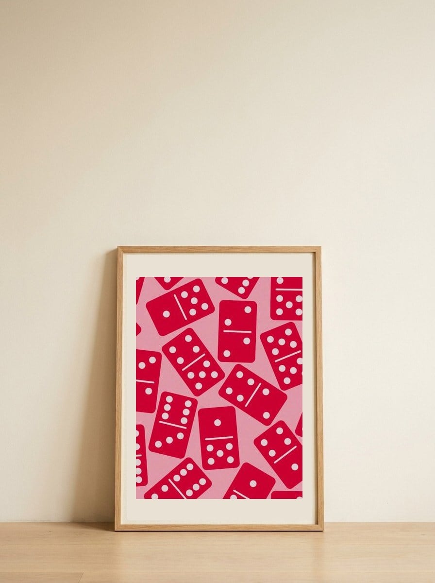 Red Domino Pattern — framed, leaning against the wall