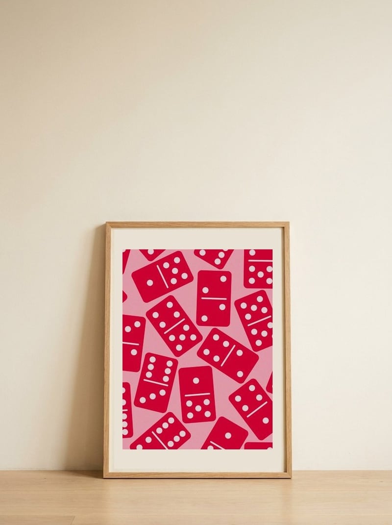 Red Domino Pattern — framed, leaning against the wall