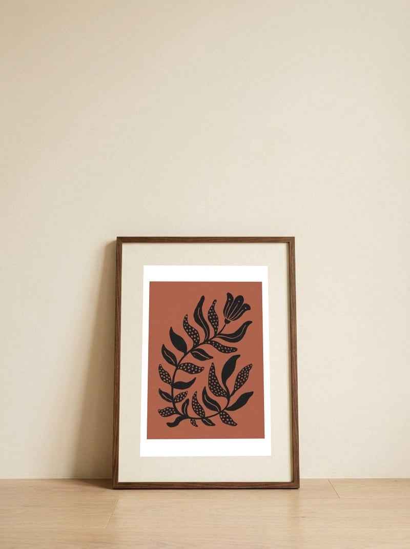 Earthy Botanical Bloom — framed, leaning against the wall
