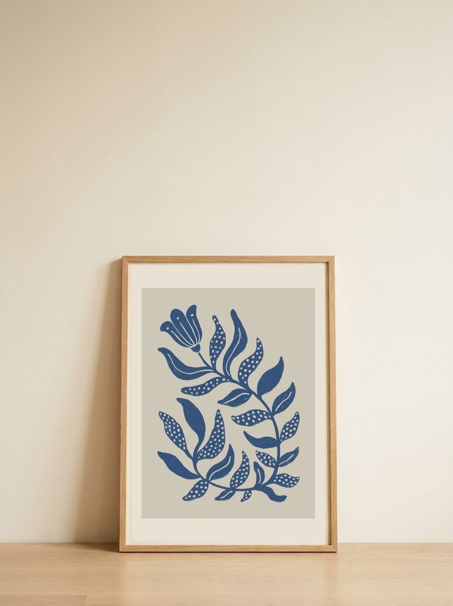 Blue Dotted Botanicals — framed, leaning against the wall