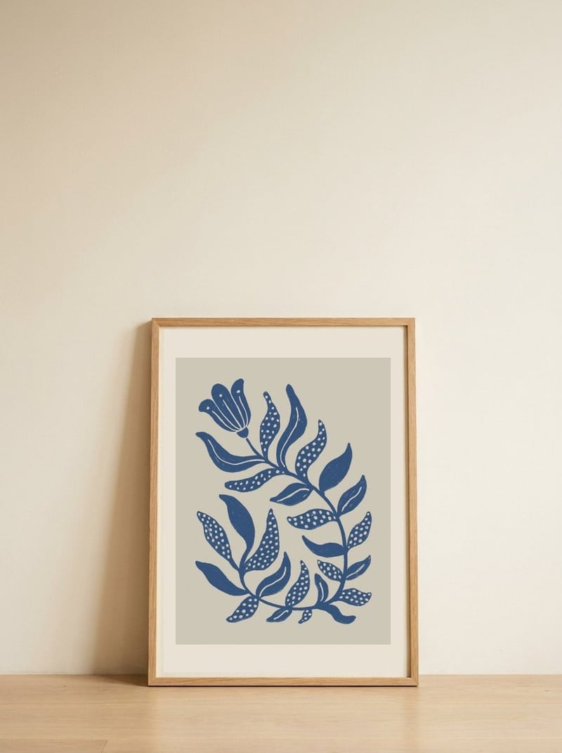 Blue Dotted Botanicals — framed, leaning against the wall