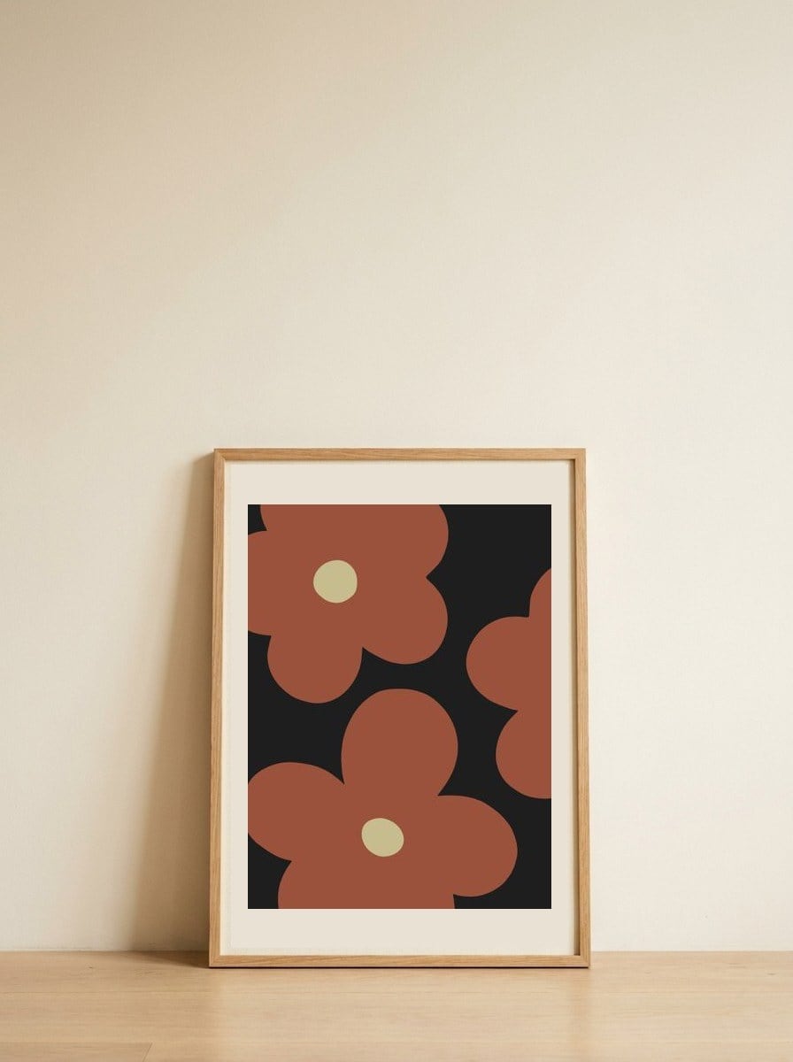 Terracotta Retro Flowers — framed, leaning against the wall