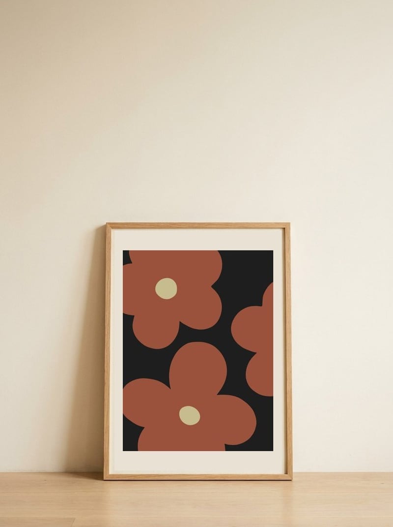 Terracotta Retro Flowers — framed, leaning against the wall