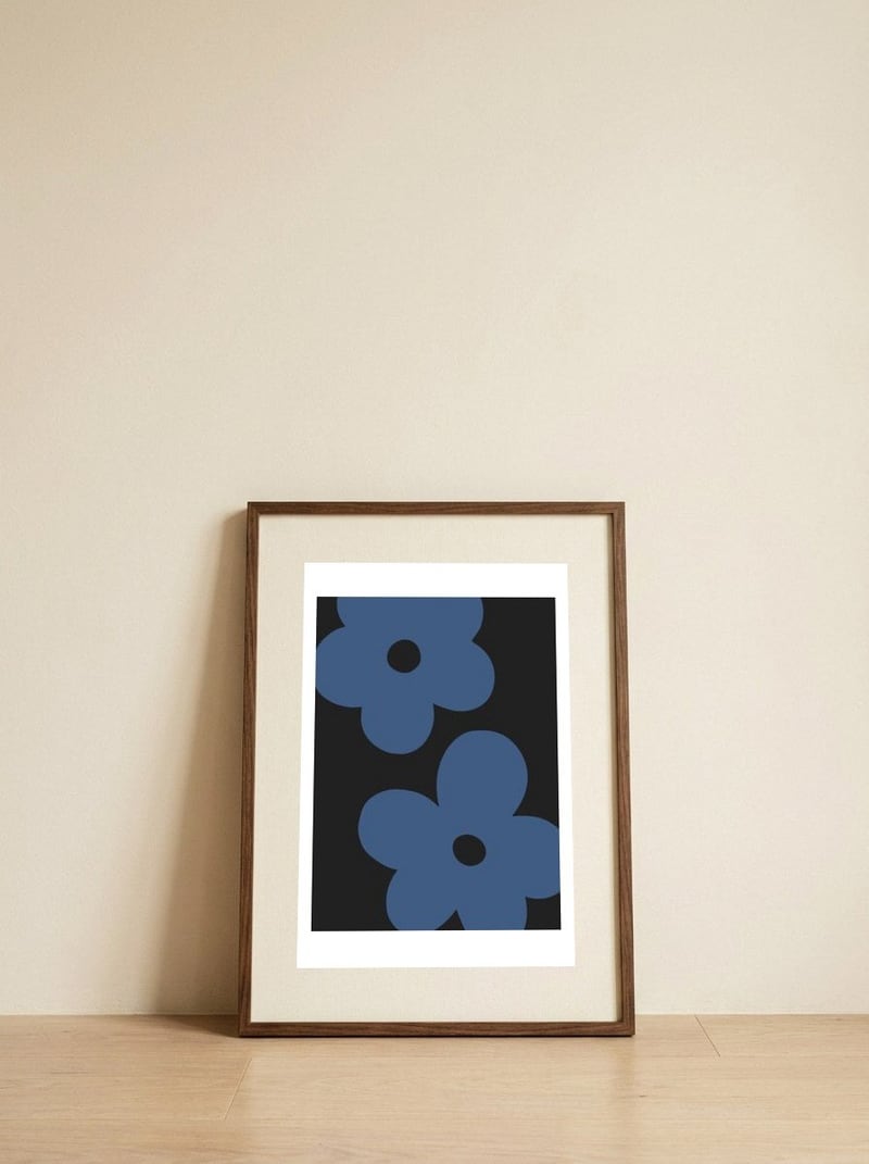 Stylized Blue Flowers — framed, leaning against the wall
