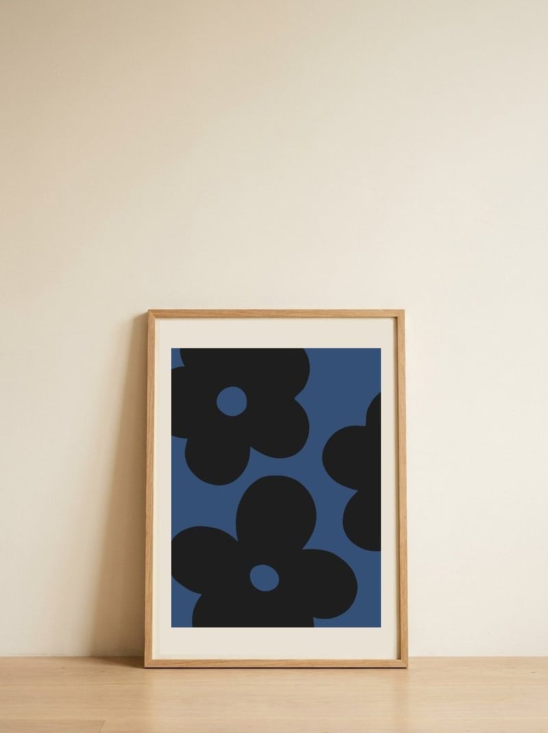 Graphic Blue Flowers — framed, leaning against the wall