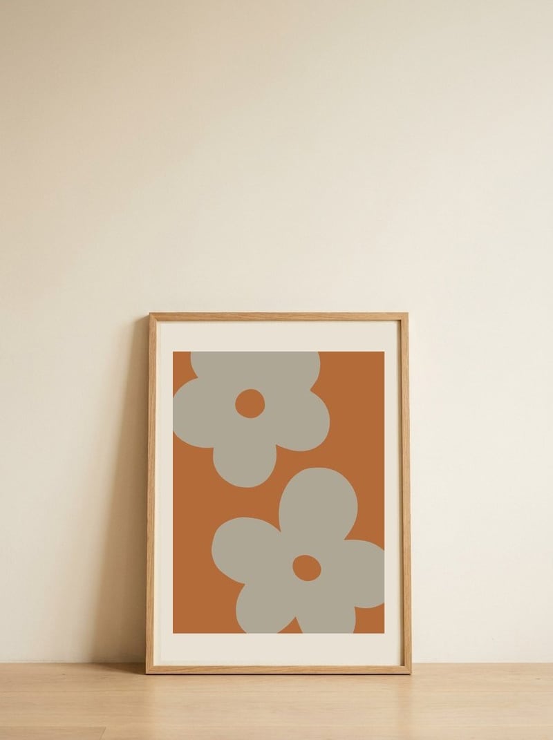 Warm Floral Shapes — framed, leaning against the wall