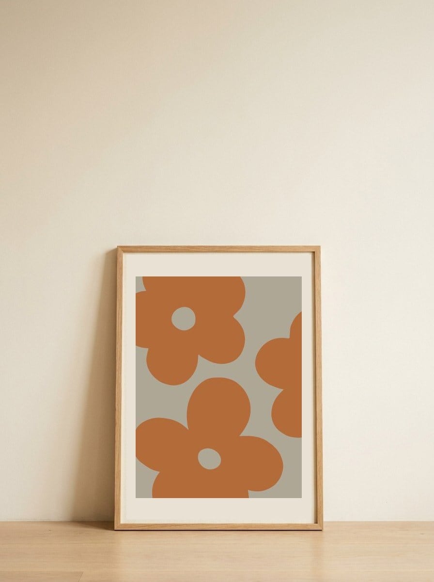 Retro Orange Flowers — framed, leaning against the wall