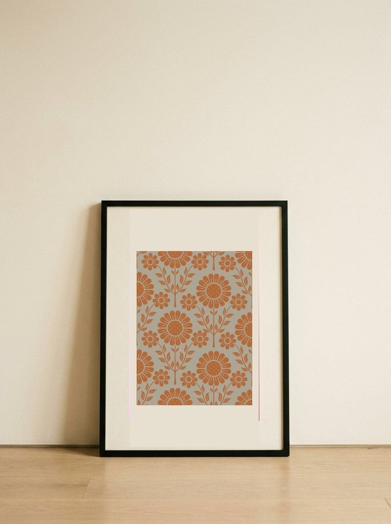 Orange Folk Floral Pattern — framed, leaning against the wall