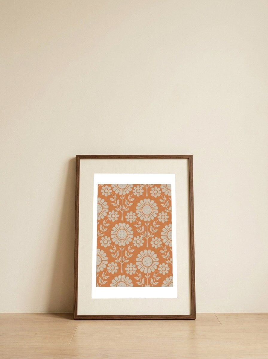 Retro Orange Floral — framed, leaning against the wall