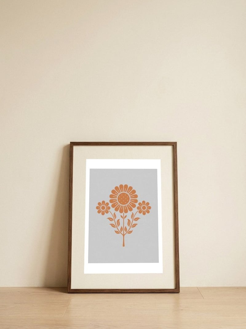 Mid Century Sunflowers — framed, leaning against the wall