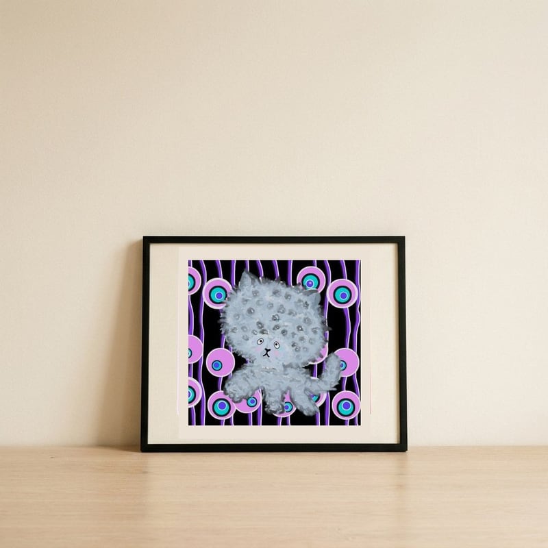 Big Eyed Fluffy Cat — framed, leaning against the wall