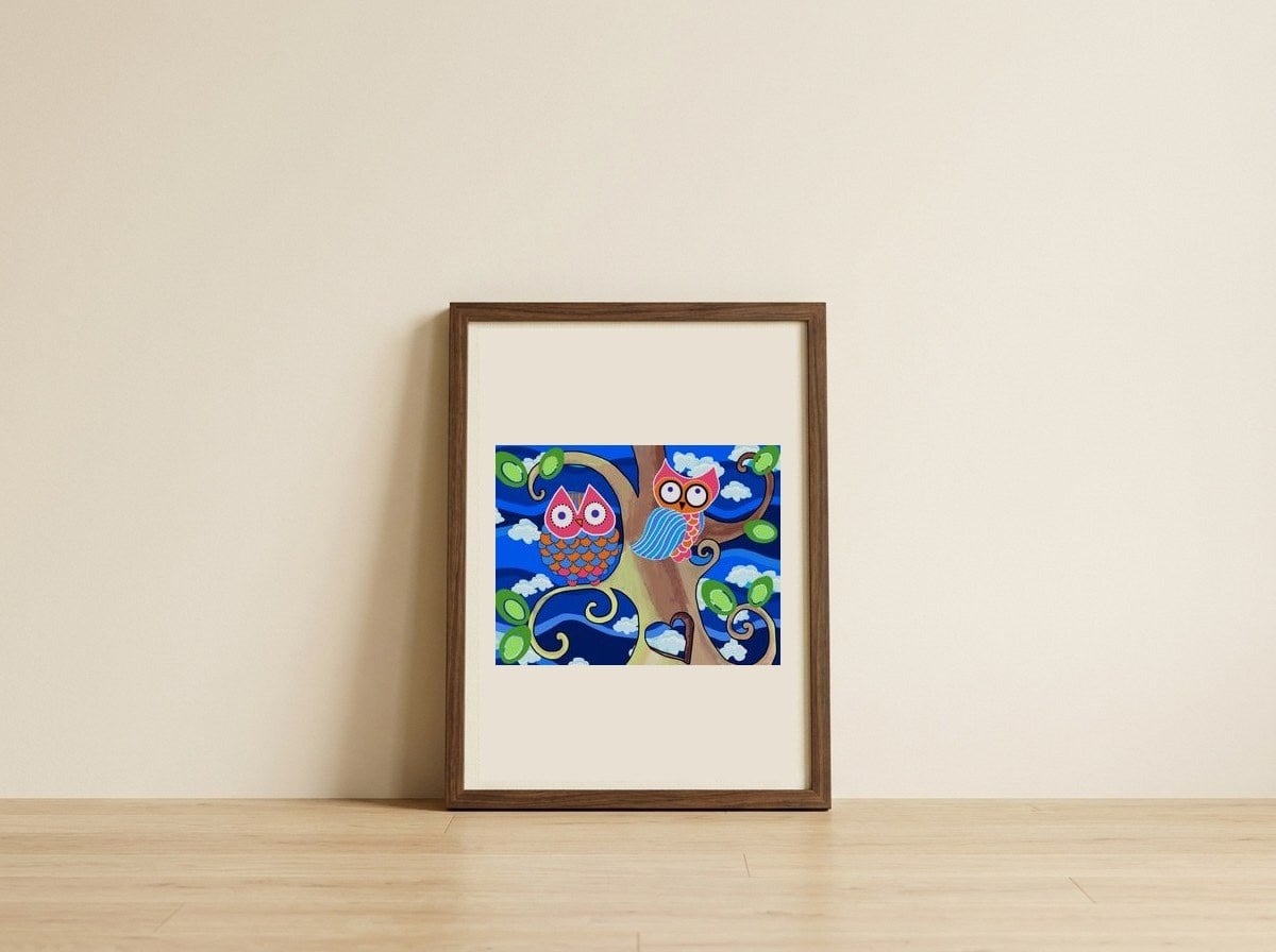 Whimsical Night Owls — framed, leaning against the wall