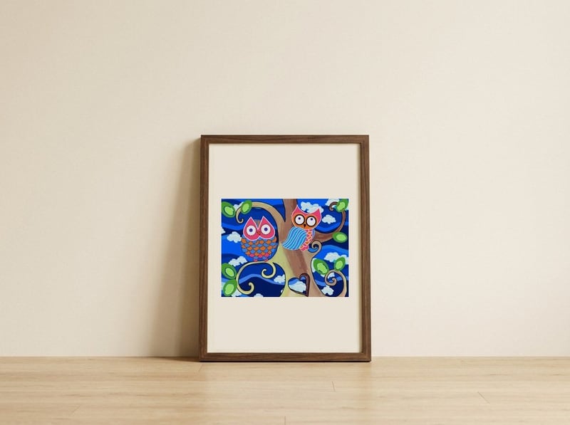 Whimsical Night Owls — framed, leaning against the wall