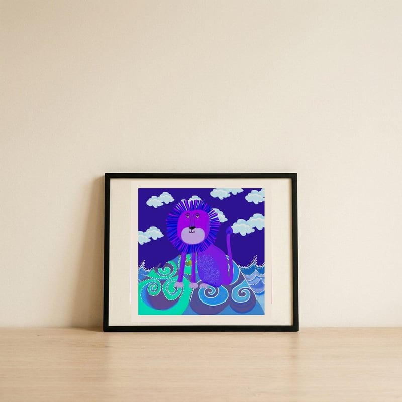 Purple Lion's Dream — framed, leaning against the wall
