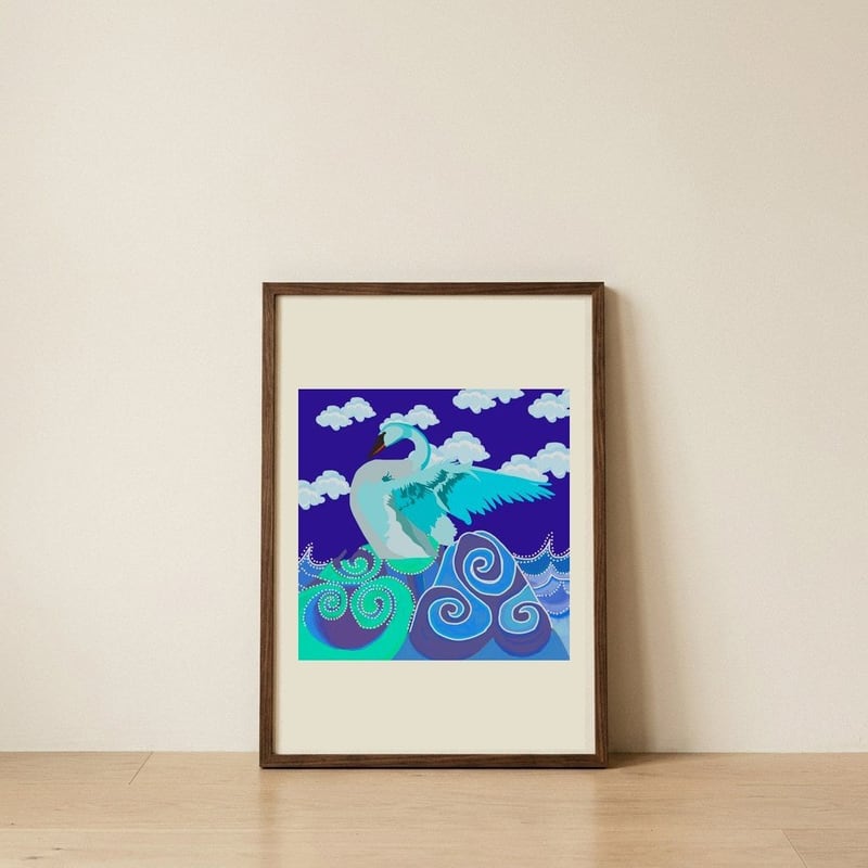 Elegant Swan Waves — framed, leaning against the wall