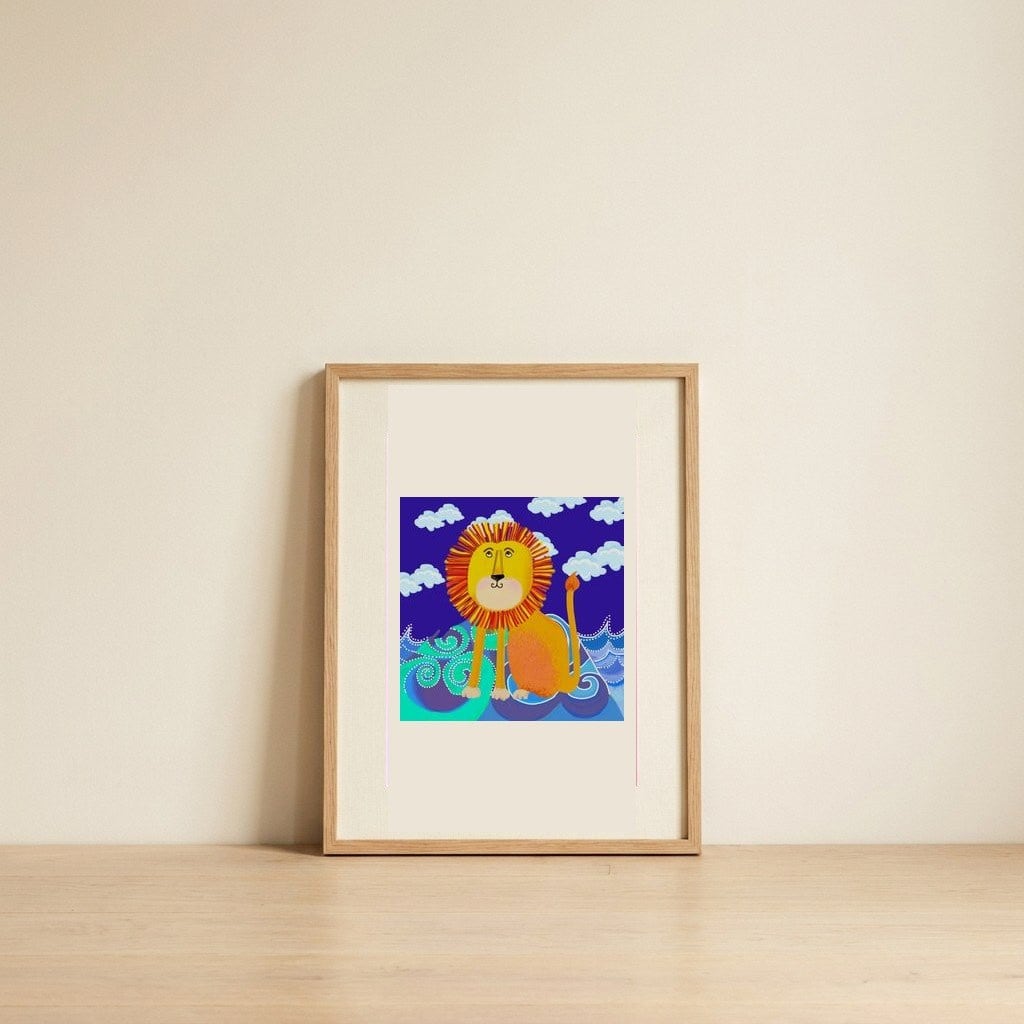 Whimsical Lion Ocean — framed, leaning against the wall