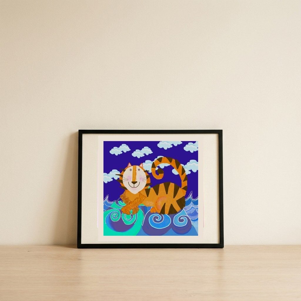Happy Tiger On Waves — framed, leaning against the wall