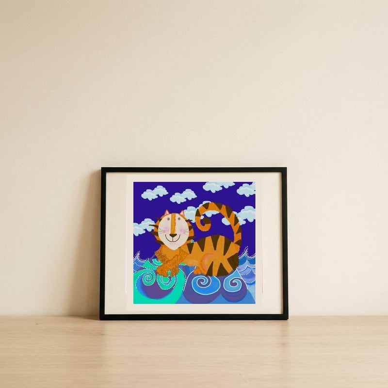 Happy Tiger On Waves — framed, leaning against the wall