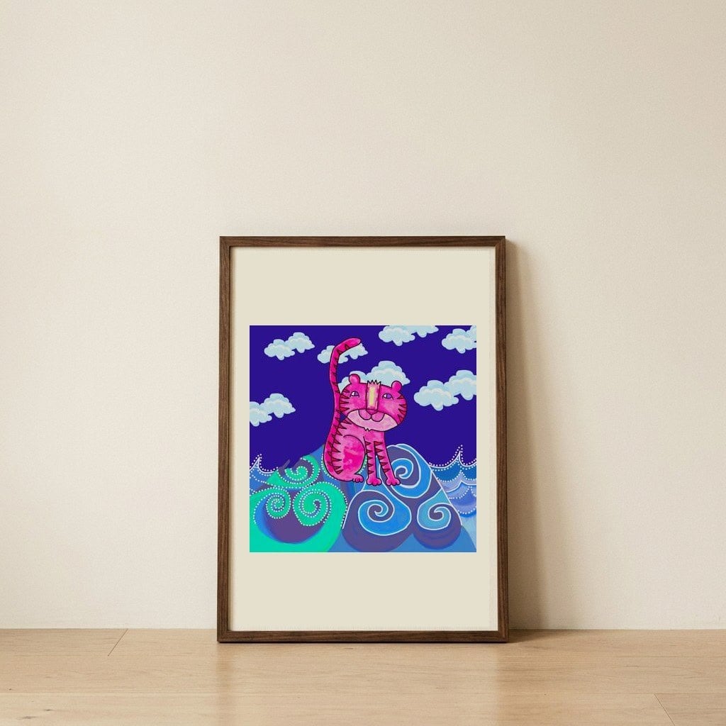 Pink Tiger Night Ocean — framed, leaning against the wall