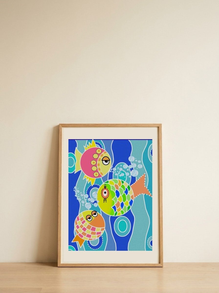 Three Whimsical Fish — framed, leaning against the wall