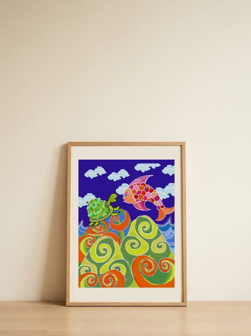 Happy Ocean Friends — framed, leaning against the wall