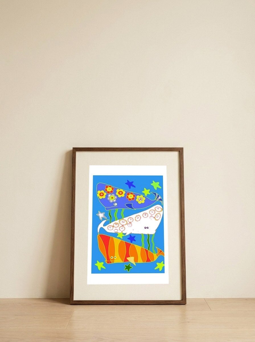 Three Colorful Whales — framed, leaning against the wall
