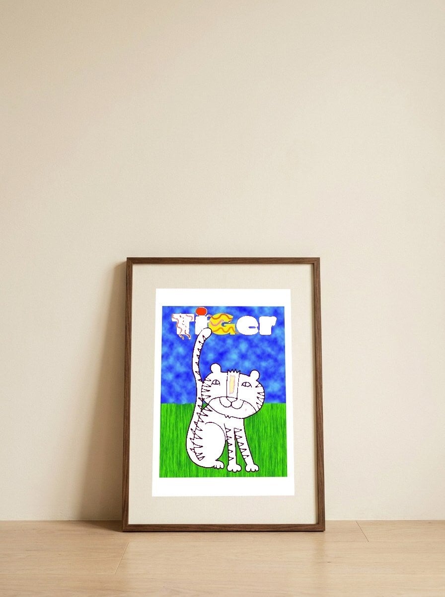 Pink Cartoon Tiger — framed, leaning against the wall