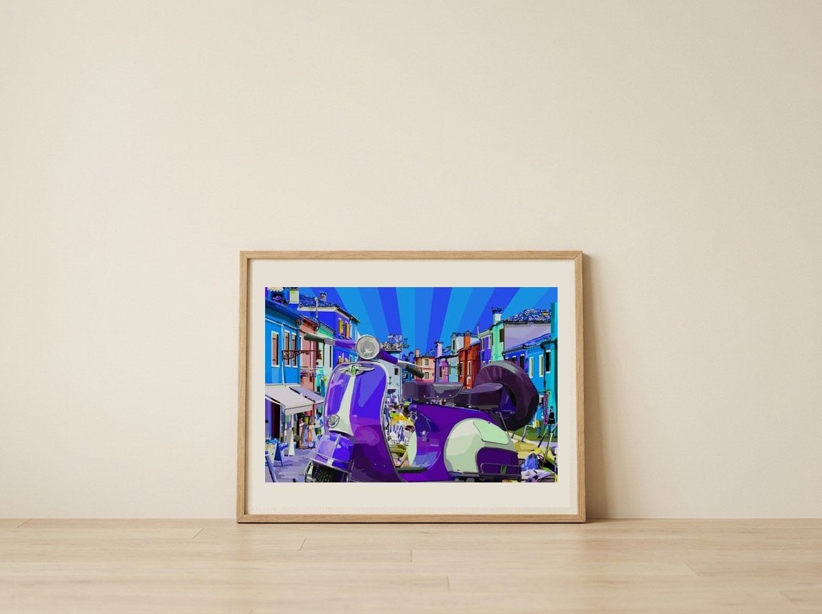 Vibrant Village Vespa — framed, leaning against the wall