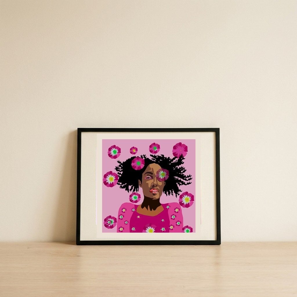 Vibrant Floral Portrait — framed, leaning against the wall