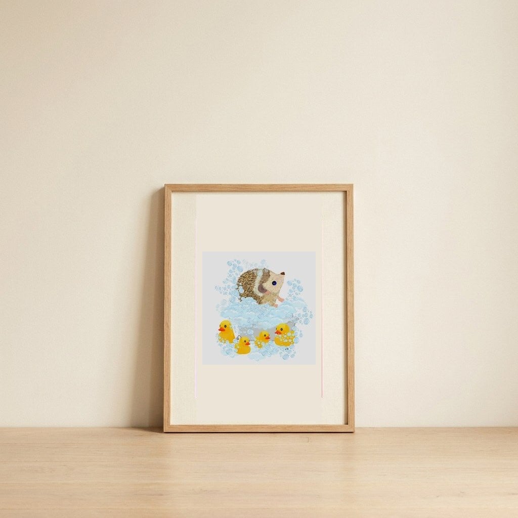 Hedgehog Bubble Bath Fun — framed, leaning against the wall