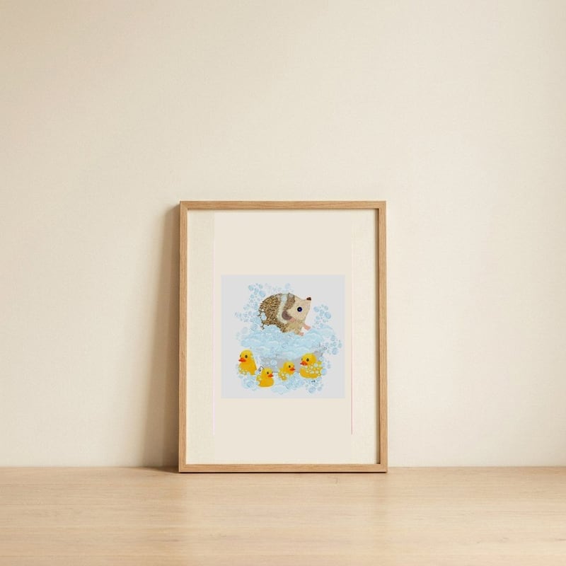 Hedgehog Bubble Bath Fun — framed, leaning against the wall