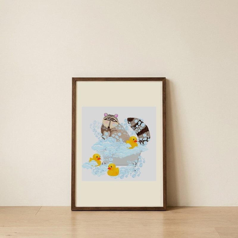 Raccoon Bubble Bath — framed, leaning against the wall