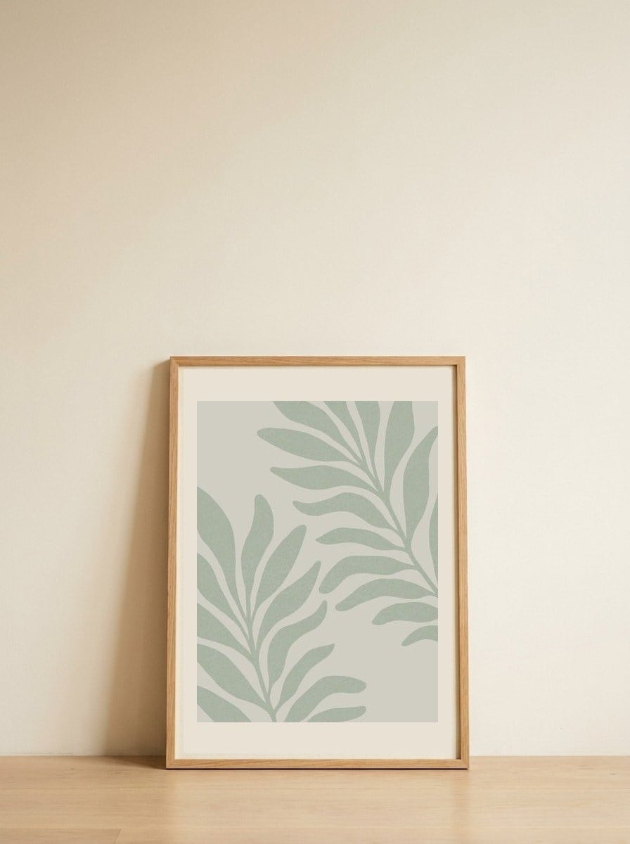 Sage Botanical Leaves — framed, leaning against the wall