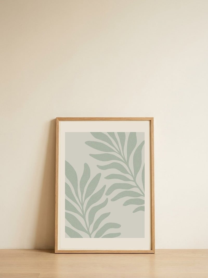 Sage Botanical Leaves — framed, leaning against the wall