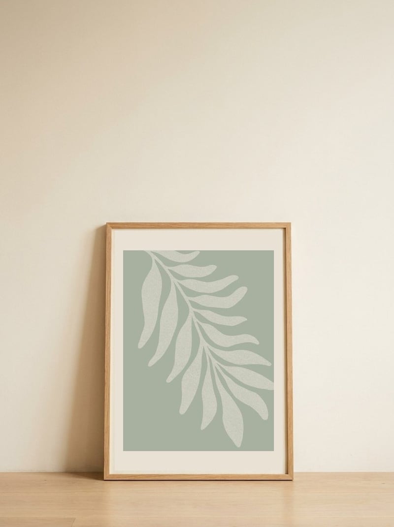 Soft Botanical Leaf — framed, leaning against the wall