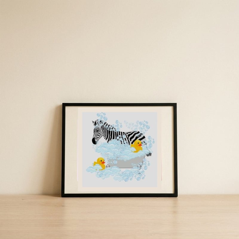 Zebra Bubble Bath — framed, leaning against the wall