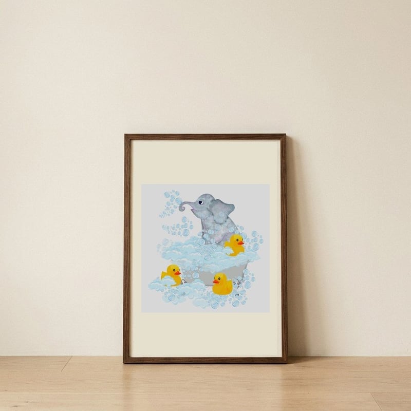 Elephant Bubble Bath — framed, leaning against the wall