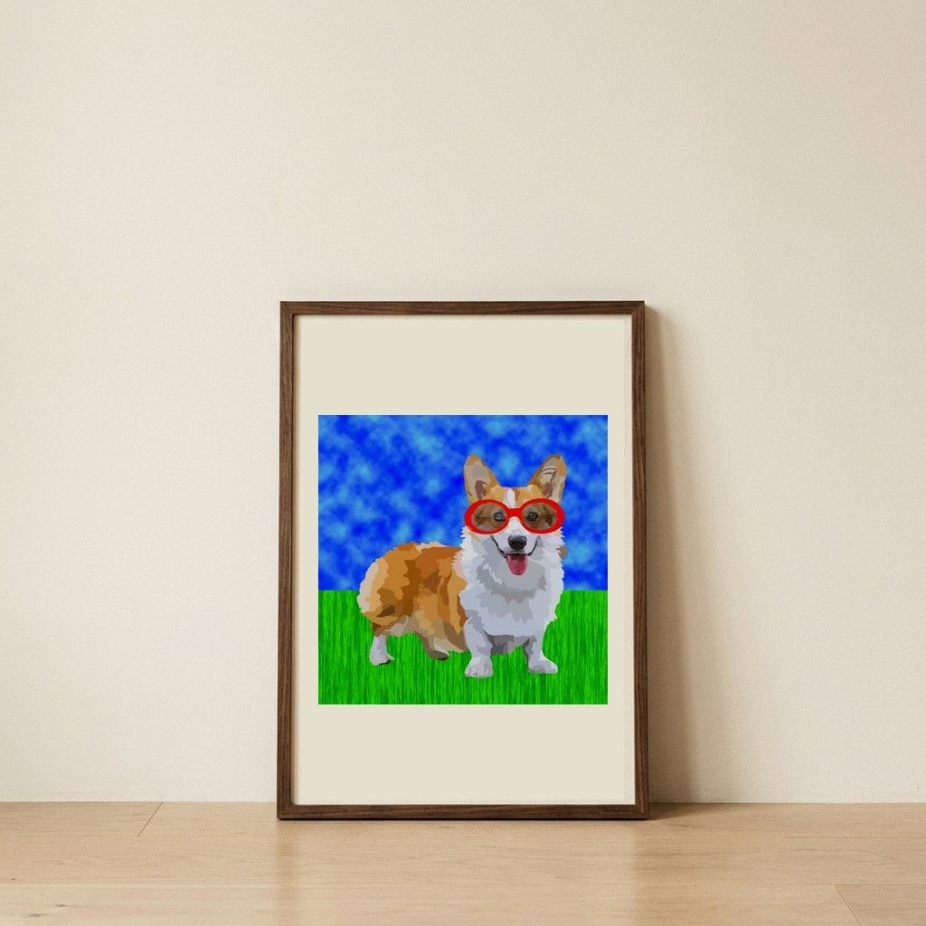 Happy Corgi Sunglasses — framed, leaning against the wall