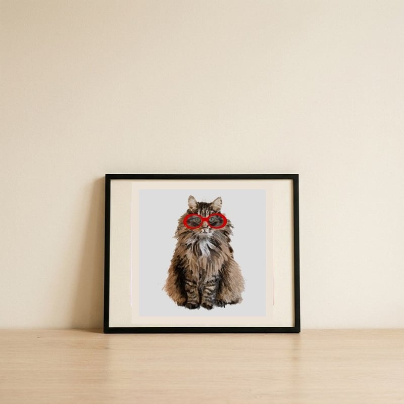 Tabby Cat Sunglasses — framed, leaning against the wall