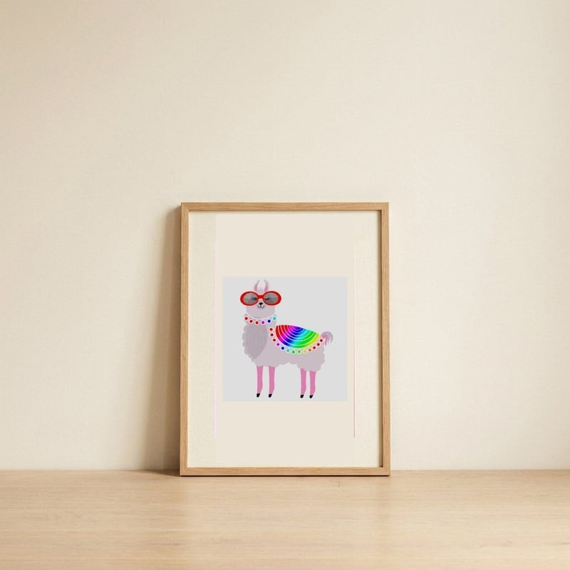 Cool Rainbow Llama — framed, leaning against the wall