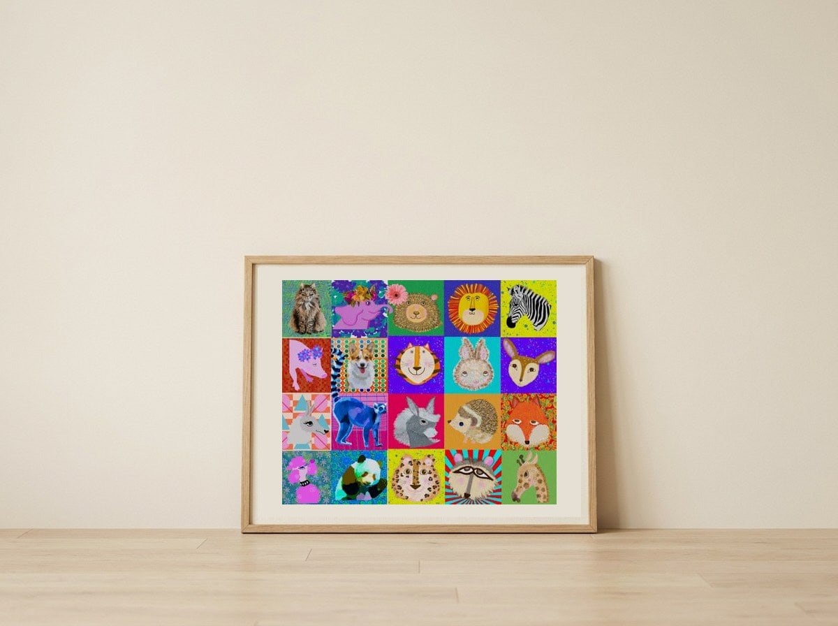 Colorful Whimsical Animal Portraits — framed, leaning against the wall
