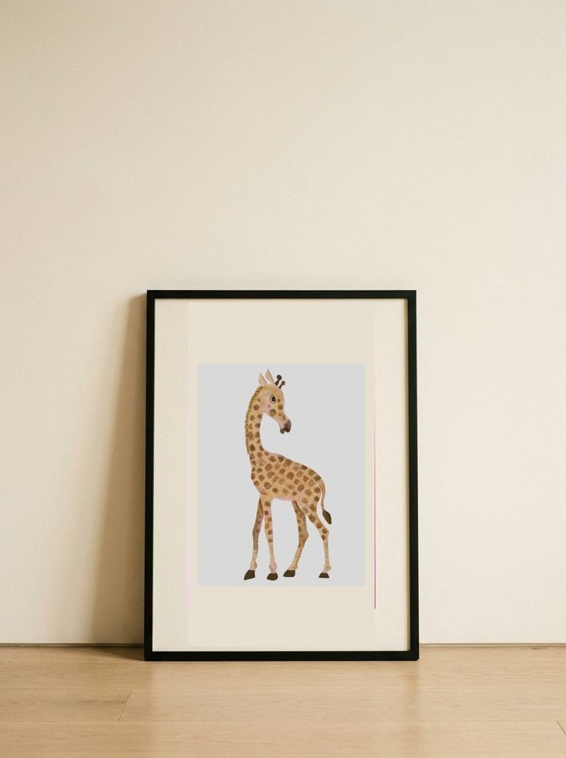 Cute Baby Giraffe — framed, leaning against the wall